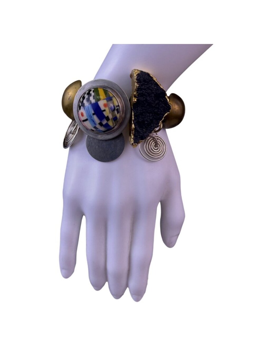 Womens Multicolor Metal & Glass Chunky Artistic Bracelet Adjustable Design